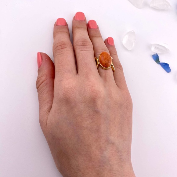 Genuine Salmon Howlite 18k Gold Plated Ring Size 5.5 - Picture 11 of 13